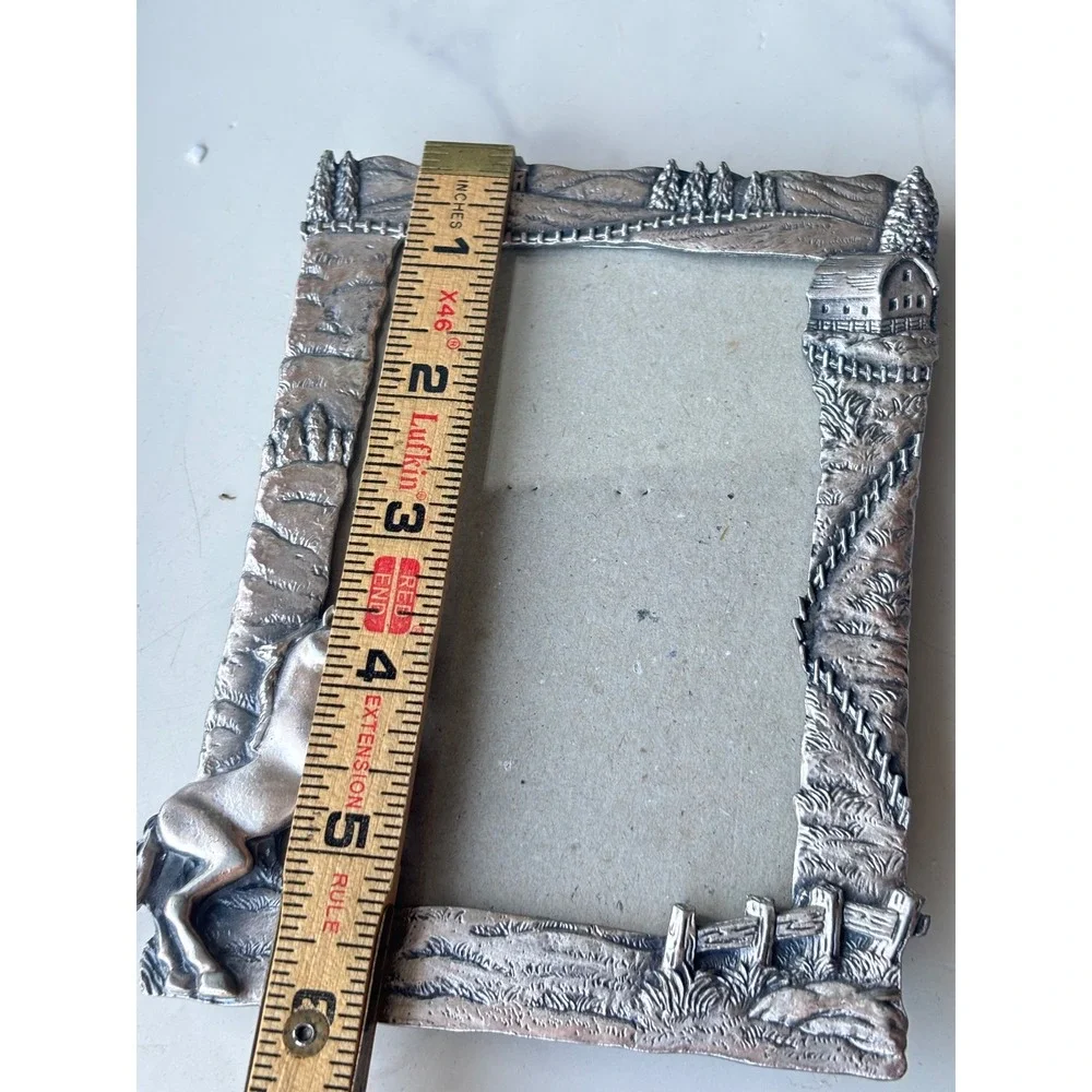 Vintage ESC Horse Farm Scene Pewter Tone Metal Picture Frame Western Country 5x4